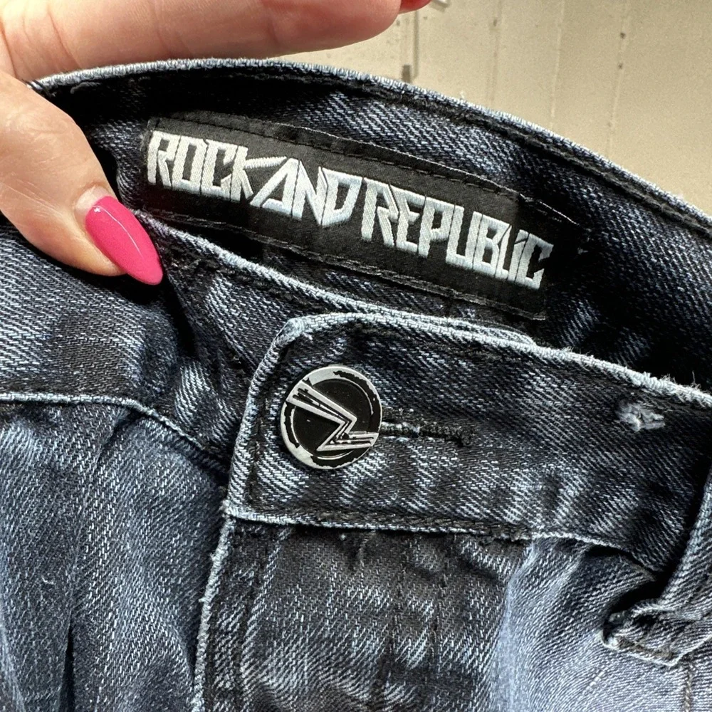 Rock‎ & Republic Men 36x32 Blue Distressed Flare Bootcut Jeans Grunge Button Fly
